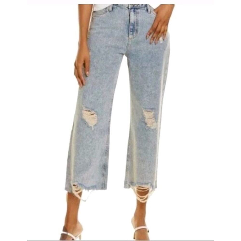 Avec Les Filles Anthropologie High-Rise Raw Hem Wide Leg Acid Wash Jean Size 27